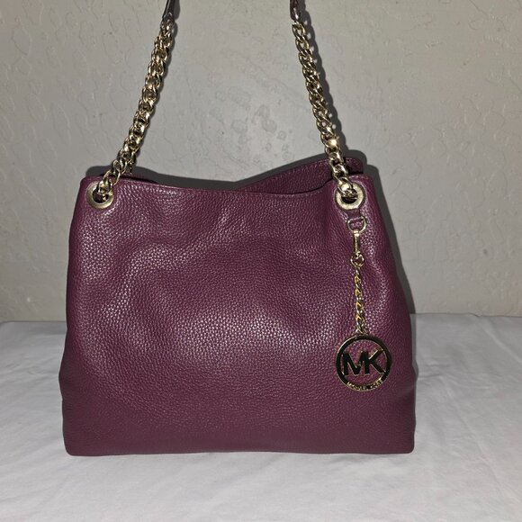 Michael Kors Jet Set Large Gold Chain Plum Grain Leather Shoulder Bag Tote - Picture 8 of 16